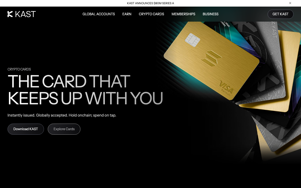 KAST公式Crypto Cardsページの公式画面。Download KAST、Explore Cards、Membershipsの順に見ます。